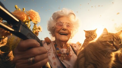 An older woman holding a gun and a cat