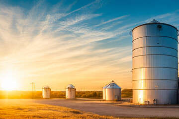 Große storage tanks und Silos die benutzt weden um rohes material aufzubewahren. Fässer stehen drausen mit Sonnenuntergang und schönem Himmel - obrazy, fototapety, plakaty