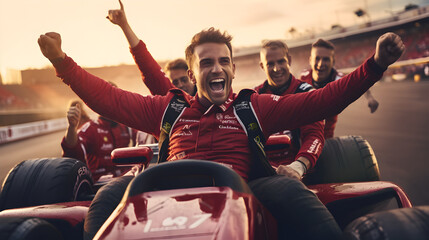 Formula one racer on the car celebrate after winning the race - obrazy, fototapety, plakaty