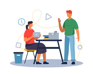 Woman holding tablet and talking with man. Concept of increasing productivity and efficiency in business. Flat vector illustration in cartoon style in blue colors