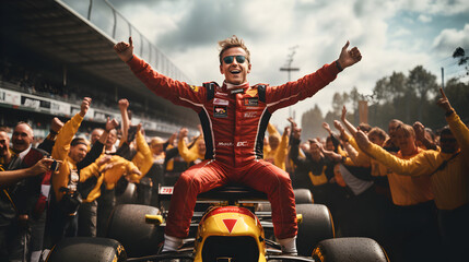 Formula one racer on the car celebrating after winning the race