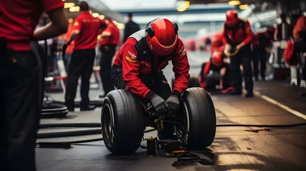 Tuinposter Pit crew holding tires in formula one pit lane © Trendy Graphics