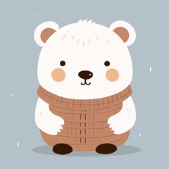 Cute cartoon polar bear dressed in a sweater in winter. Adorable wild animal character wearing clothes, design element