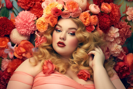 Beautiful blonde woman, plus size model with chubby face and makeup, fat girl portrait with hairstyle and wreath of flowers