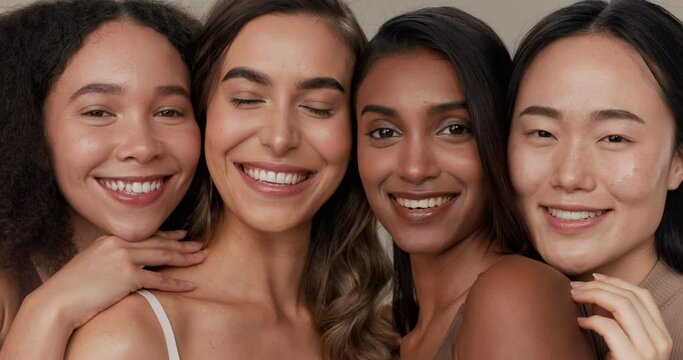 Skincare group, studio face and happy women smile for cosmetics shine, beauty glow and spa wellness support. Happiness, salon and diversity portrait of young friends together on grey background