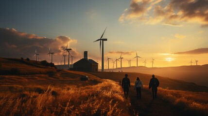 people in the countryside walking with propeller towers for wind energy, clean renewable energy - obrazy, fototapety, plakaty