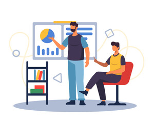 Workers discuss project. Employees solve business issues in office. Concept of increasing productivity in business. Flat vector illustration in cartoon style in blue colors