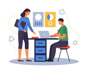 Lady talking with man. Employees solve business issues in office. Concept of increasing productivity in business. Flat vector illustration in cartoon style in blue color