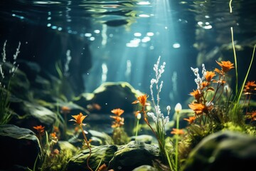 Fototapeta na wymiar Underwater scene with corals and tropical fish. Wonderful aquarium decoration consisting of natural, tropical stones and plants. And the beautiful atmosphere created by the light beams. 3D rendering.