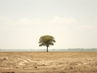 Lonely tree in the middle of dry land. Description of the problem of drought and deforestation.