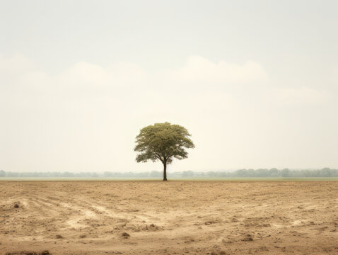Lonely tree in the middle of dry land. Description of the problem of drought and deforestation. © keystoker