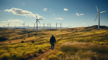 wind turbines, wind power generators, in a clear open landscape, strong wind - obrazy, fototapety, plakaty