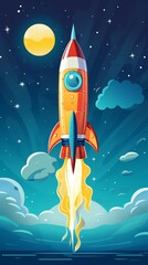 Rocket taking off is shown in space, surrounded by stars and the ocean below [to the Moon]