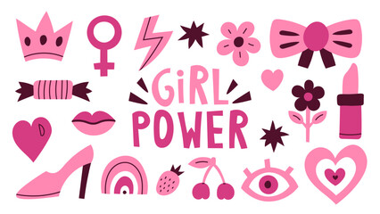 Girl power pink elements set. Feminism symbols collection. Hand drawn vector illustration.