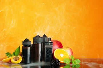 Vape smoking liquid with fruit flavor on orange background