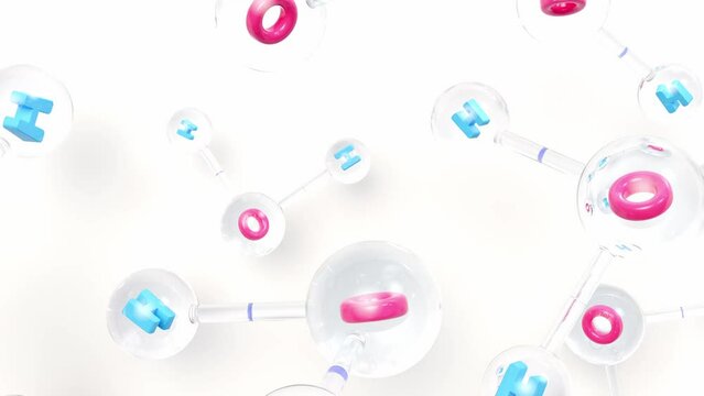 Molecular chemical formula H2O. Water molecules pink blue color. Ball and Stick chemical structure model. Concept science or Cosmetic industry. Animation, 3d Render.