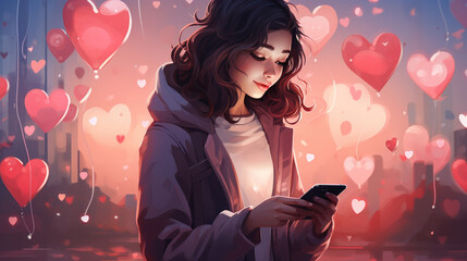 Gen Z girl teenager deeply engrossed in her smartphone, surrounded by a cascade of heart-shaped likes, symbolizing her popularity and strong addiction to social media