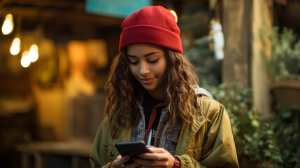Gen Z girl teenager engrossed in her smartphone, immersed in the digital world.