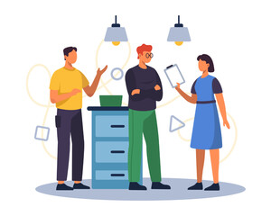 Director holding clipboard, gives correction to workers. Concept of increasing productivity and efficiency in business. Flat vector illustration in cartoon style in blue colors