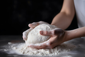 Fototapeta na wymiar a woman's hand holding a flour dough against a dark background