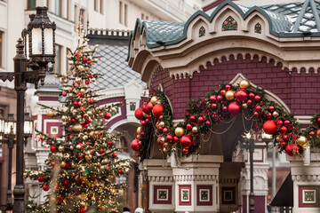 Fototapeta premium Moscow, Revolution Square. Christmas decoration of the streets. Beautiful festive landscapes in the city. New Year's card 2024.