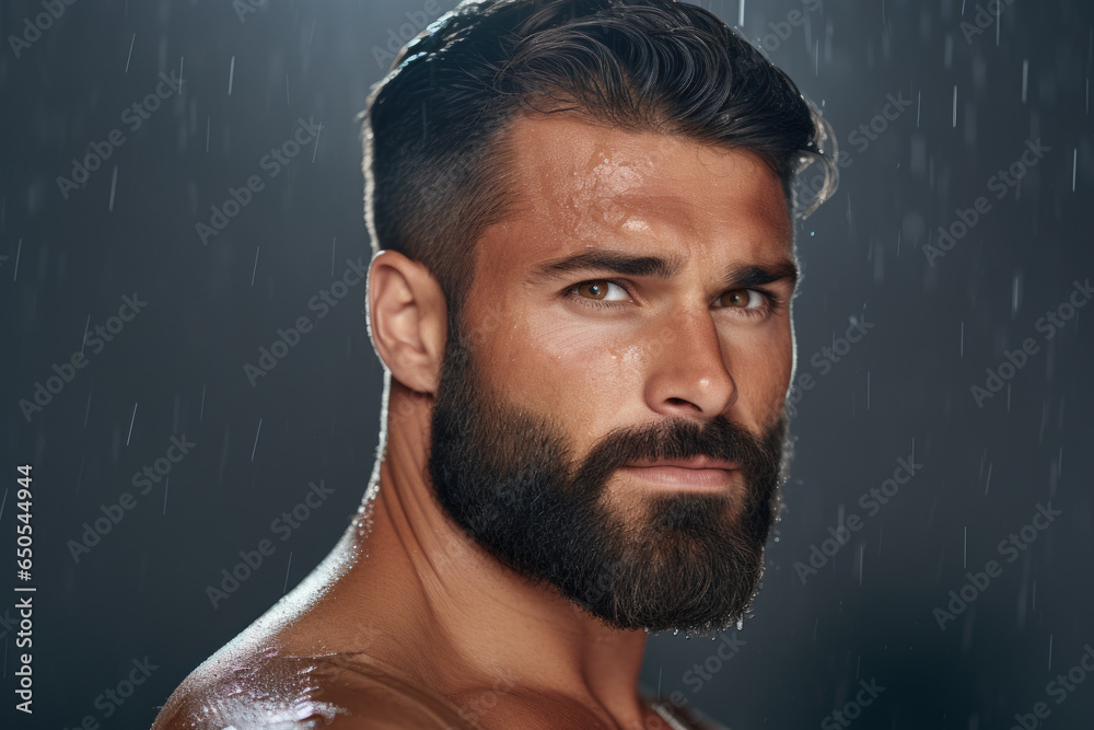 Poster close-up photograph of man with beard. portray masculinity, ruggedness, or stylish look. suitable fo