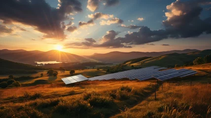 Glasschilderij Chocoladebruin solar panels installed in the field for clean energy, landscape at sunset