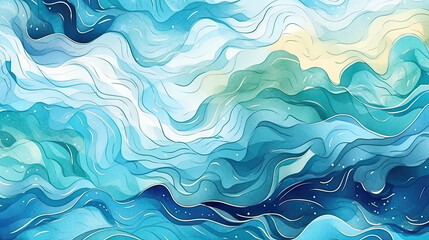 Obraz premium Watercolor Lake and Ocean Ripples with Copy Space. Blue and Teal River Illustration for Swim Parties and Beach Travel