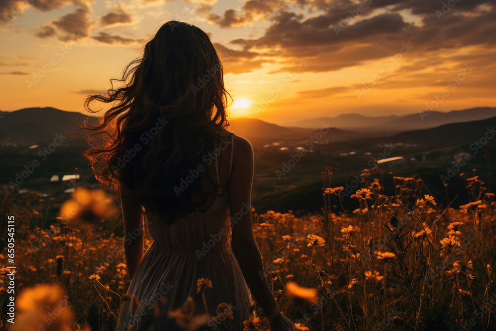 Poster woman standing in field of vibrant yellow flowers. this image can be used to represent nature, beaut