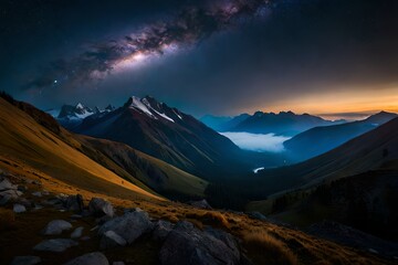 Fototapeta premium Milky Way above mountains in fog at night in autum