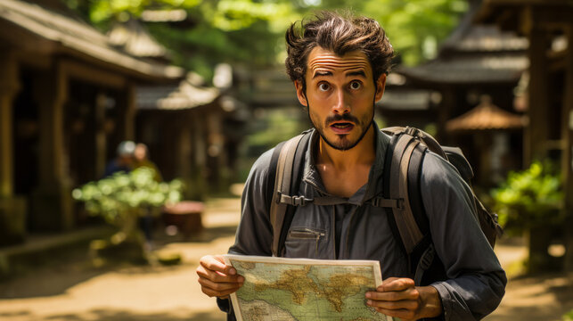 Captivating scene of a lost male tourist, map in hand upside down, amid the grandeur and history of an ancient Japanese temple.