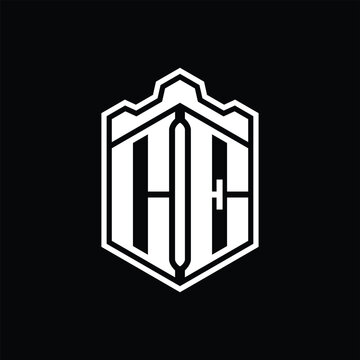 recommend clip art: CE Letter Logo monogram hexagon shield shape crown castle with outline style design