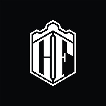 recommend clip art: CF Letter Logo monogram hexagon shield shape crown castle with outline style design