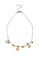 Close-up shot of a handmade beaded necklace with a lobster clasp. Chain of multi-colored beads is isolated on a white background. Handmade jewelry made out of beads. Front view.