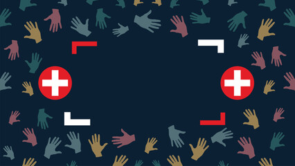 Medical health care concept vector banner design with hand palm pattern on blue background, medical cross icon and space for text.