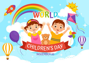 Naklejka premium World Children's Day Vector Illustration on 20 November with Kids and Rainbow in Children Celebration Cartoon Bright Sky Blue Background Design