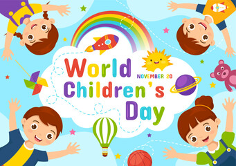 Obraz na płótnie Canvas World Children's Day Vector Illustration on 20 November with Kids and Rainbow in Children Celebration Cartoon Bright Sky Blue Background Design