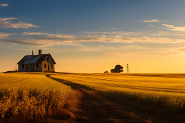 Naklejka na ściany i meble Rural Tranquility: Farmhouse Amidst Golden Fields | Generative AI 