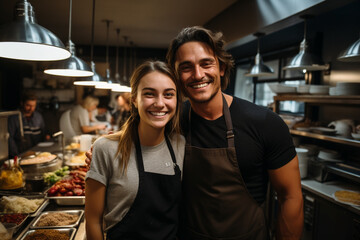 A man and woman in professional kitchen.  Cooks