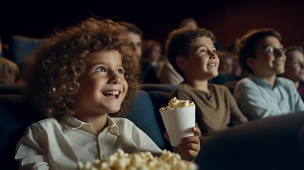 Little boy in a white shirt watching a movie for the first time in a movie theater, looking excited at the screen because he has discovered something new.