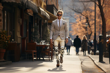 A disabled man with a prosthesis walks on the sidewalk. Elegantly dressed.Artificial robotic leg.