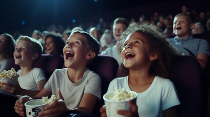 Little boy in a white shirt watching a movie for the first time in a movie theater, looking excited at the screen because he has discovered something new. - obrazy, fototapety, plakaty