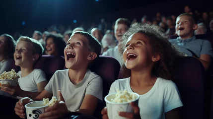 Foto op Aluminium Little boy in a white shirt watching a movie for the first time in a movie theater, looking excited at the screen because he has discovered something new. © ND STOCK