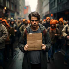 A man holding a sign in front of a protesting crowd. Group of people. - obrazy, fototapety, plakaty