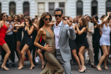 A man and woman dancing in front of a crowd of dancing people on the street. - obrazy, fototapety, plakaty