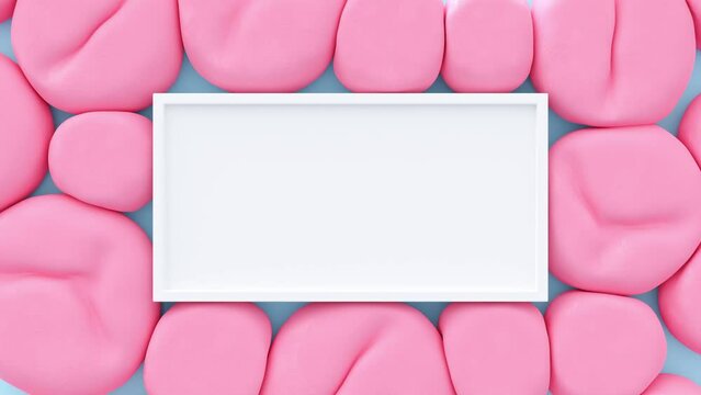 Pink spheres squeezed together around white text box on blue background. Animation, 3D Render.