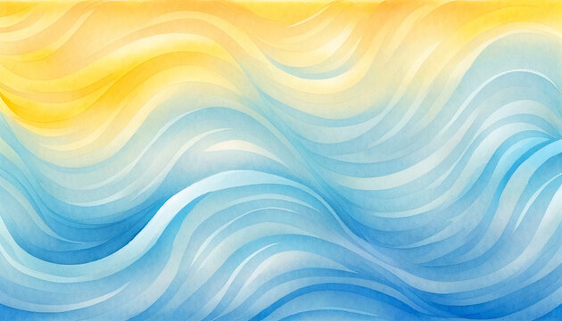 Ocean waves sand beach abstract cartoon. Blue and yellow wavy background, golden sandy texture backdrop for copy space text. Gold sun, teal waves summer seascape painting for swimming team banner