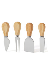 Close-up shot of a stainless steel cheese cutter set with wooden handles. A set of four cheese knives is isolated on a white background. Front view.