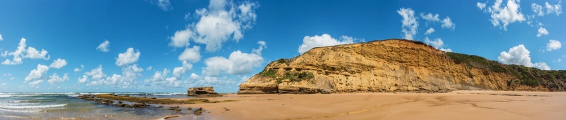Fototapeta na wymiar Panorama of cliffs and Bird Rock at Jan Juc Beach, Great Ocean Road, Victoria, Australia