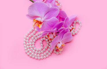 Pearl necklace and purple orchid on pink background
